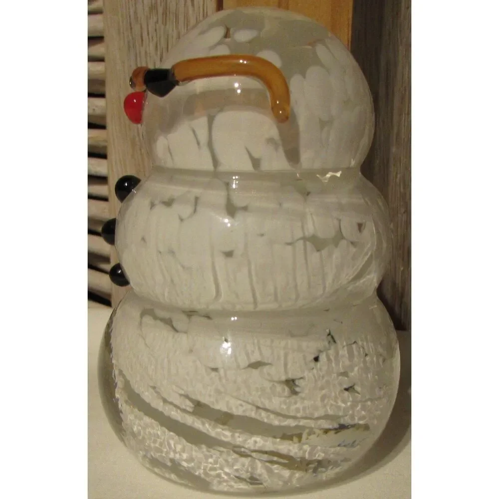 Glass paper weight snowman with glasses signed winter Christmas applied glass